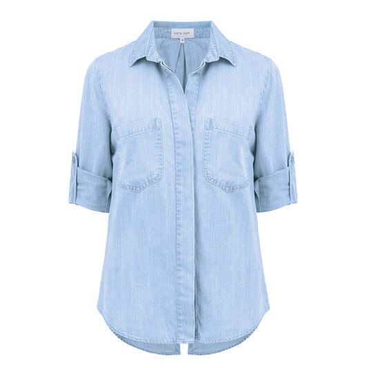 Bella Dahl Denim Bluse Split Back Button Jeans Lyocell Tencel