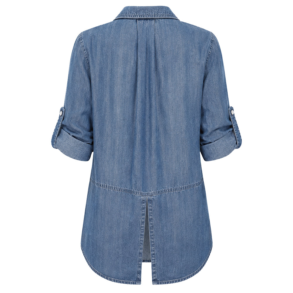 Bella Dahl Denim-Look Bluse Split Back Button Down Soft Touch Tencel Lyocell Shadow Blue Wash Jeans Rückseite