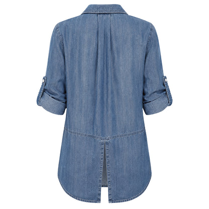 Bella Dahl Denim-Look Bluse Split Back Button Down Soft Touch Tencel Lyocell Shadow Blue Wash Jeans Rückseite