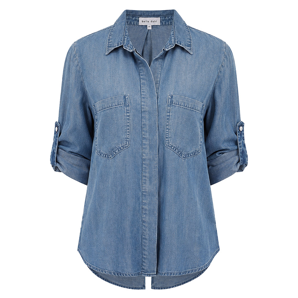 Bella Dahl Denim-Look Bluse Split Back Button Down Soft Touch Tencel Lyocell Shadow Blue Wash Jeans