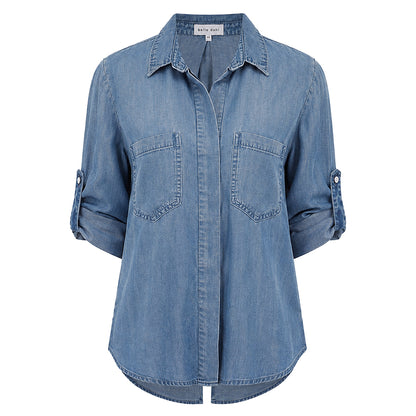 Bella Dahl Denim-Look Bluse Split Back Button Down Soft Touch Tencel Lyocell Shadow Blue Wash Jeans