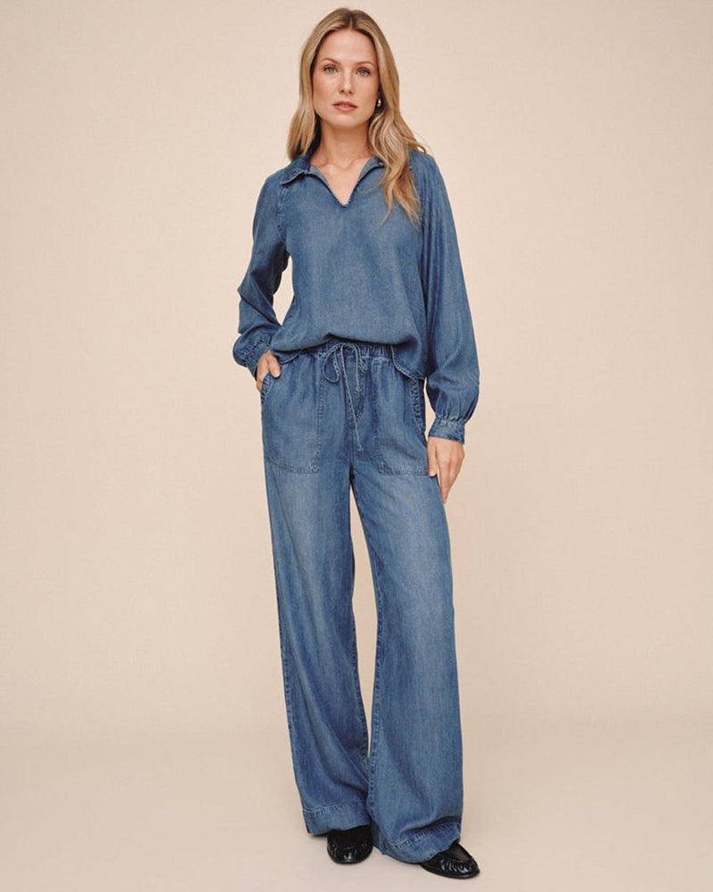 Bella Dahl Denim-Look Hose Wide-Leg Shadow Blue Wash 100 % Lyocell Elastischer Bund Kordelzug Fronttaschen Model 2