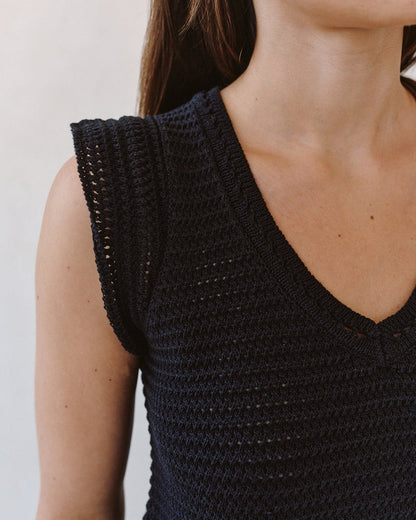 Bella Dahl Top V-Neck Häkeloptik Schwarz Boho Boxy-Fit Detail