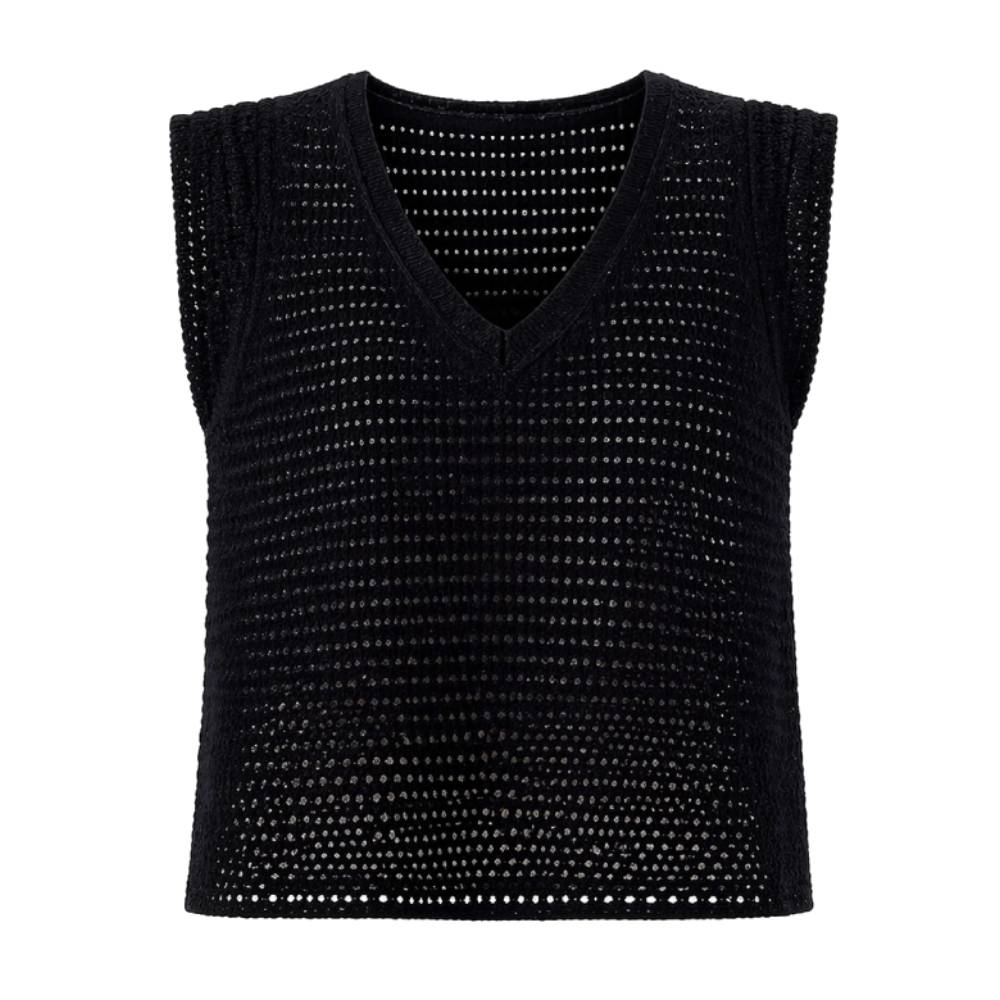 Bella Dahl Top V-Neck Häkeloptik Schwarz Boho Boxy-Fit