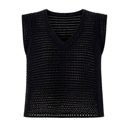 Bella Dahl Top V-Neck Häkeloptik Schwarz Boho Boxy-Fit