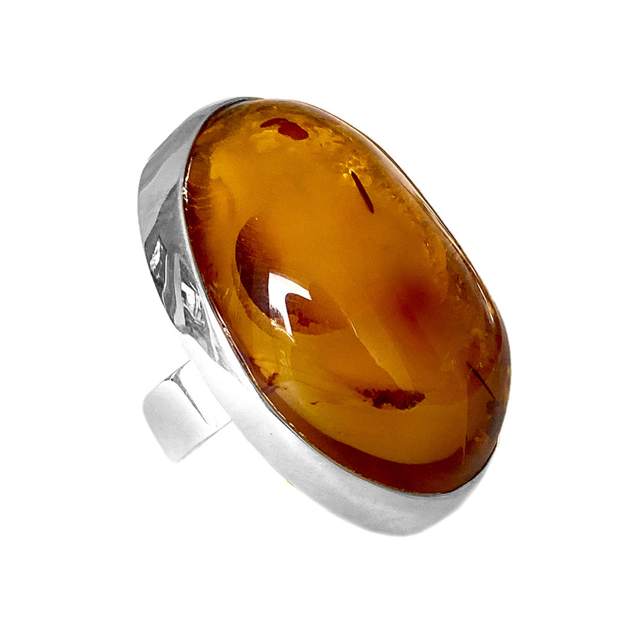 Bernstein-Ring Groß Oval 925 Sterling Silber Unikat Größenverstellbar Seitlich