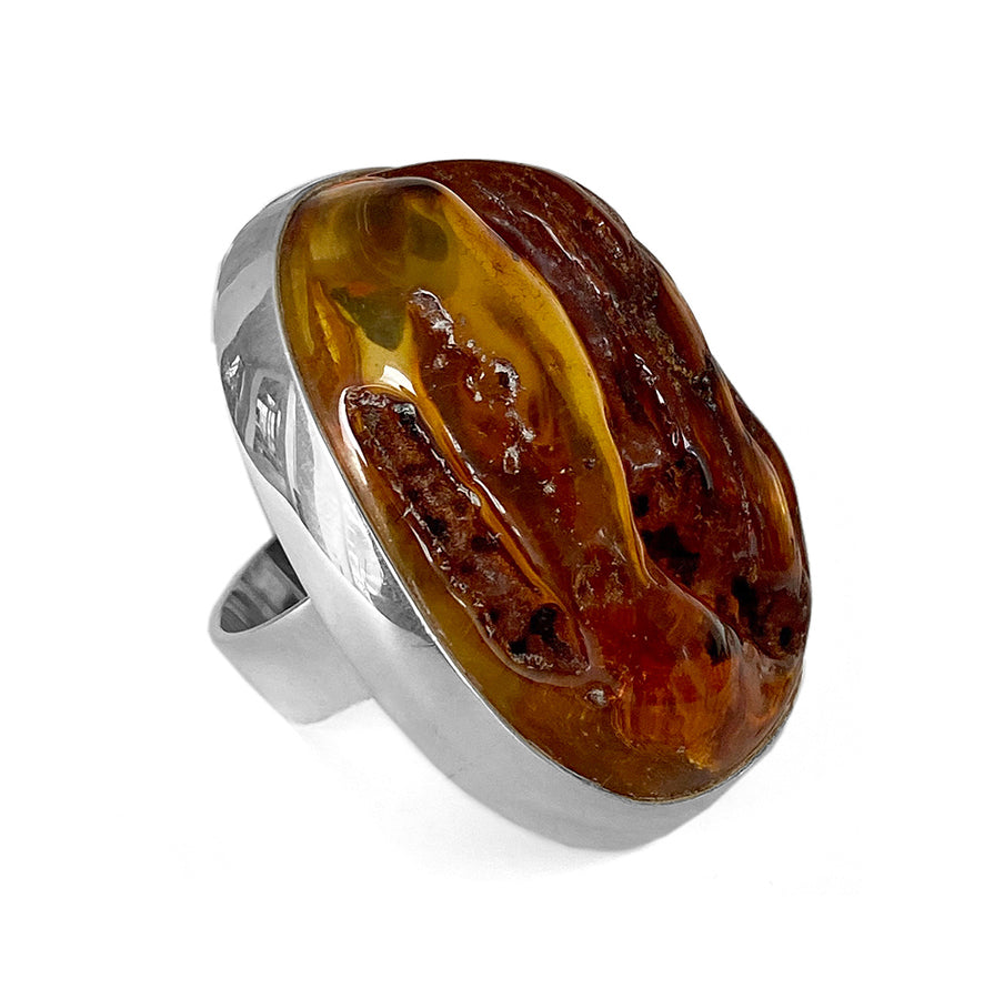 Bernstein-Ring Rohstein Groß 925 Sterling Silber Unikat Größenverstellbar Seitlich