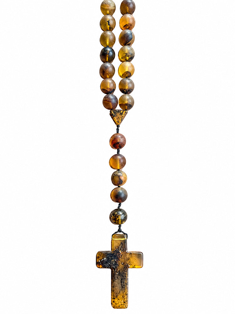 Bernsteinkette Rosenkranz XXL Unikat Bernsteinfarben Matte Runde Bernsteinperlen Geknotet Großes Bernsteinkreuz 135 cm Lang