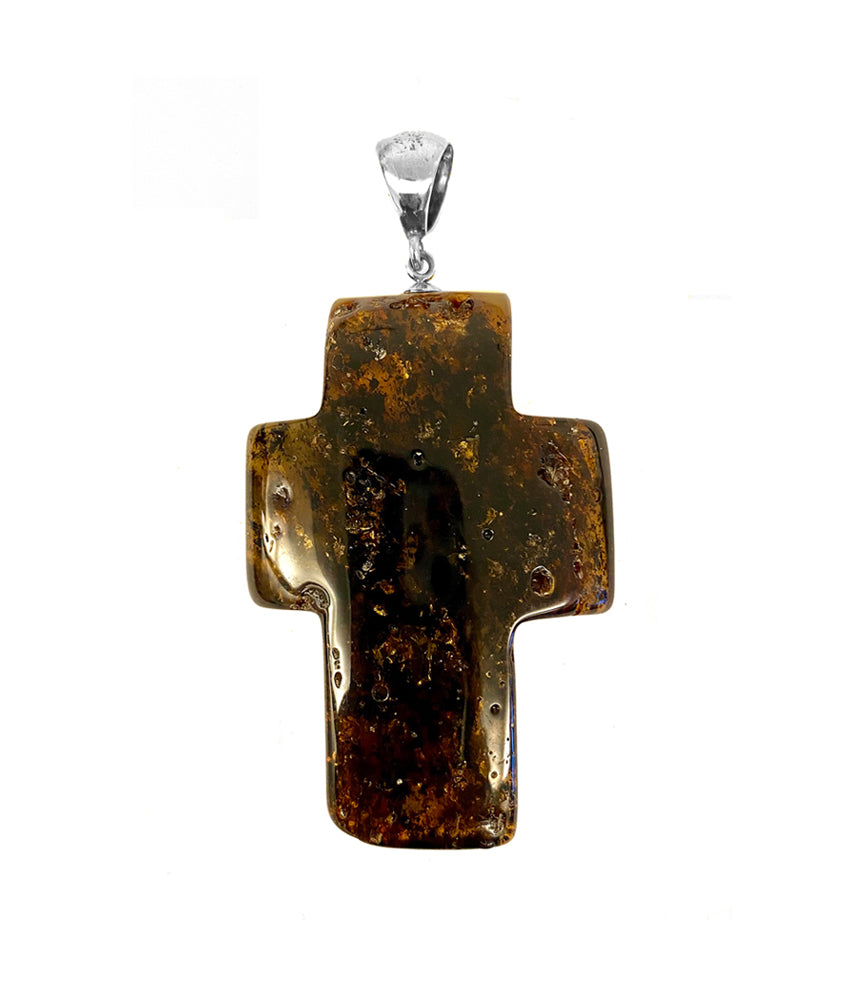 Bernstein-Kreuz Anhänger Rohstein Sterling Silber Unikat