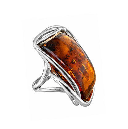 Bernsteinring Unikat 925 Sterling Silber Eckig Cognac Geschwungene Silberfassung Größenverstellbar Seitenansicht