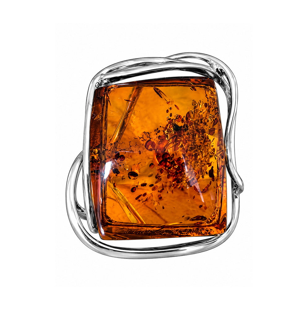Bernsteinring Unikat 925 Sterling Silber Eckig Cognac Geschwungene Silberfassung Größenverstellbare Ringschiene