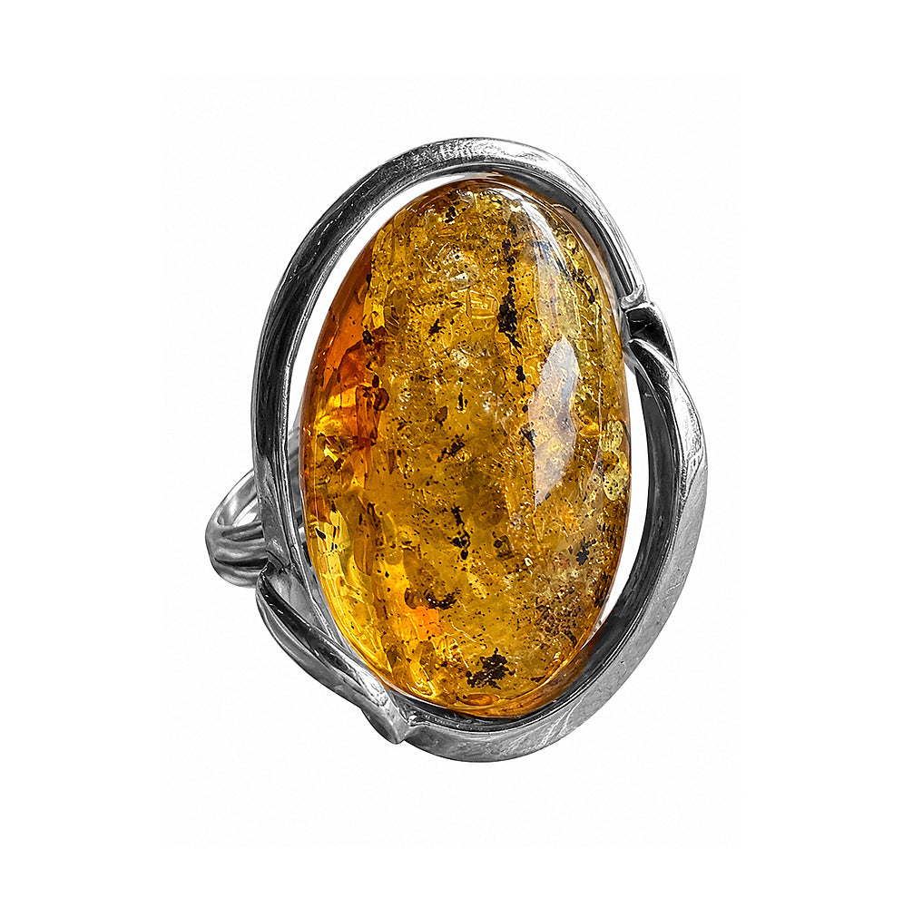 Bernsteinring Unikat 925 Sterling Silber Oval Geschwungene Silberfassung Größenverstellbare Ringschiene