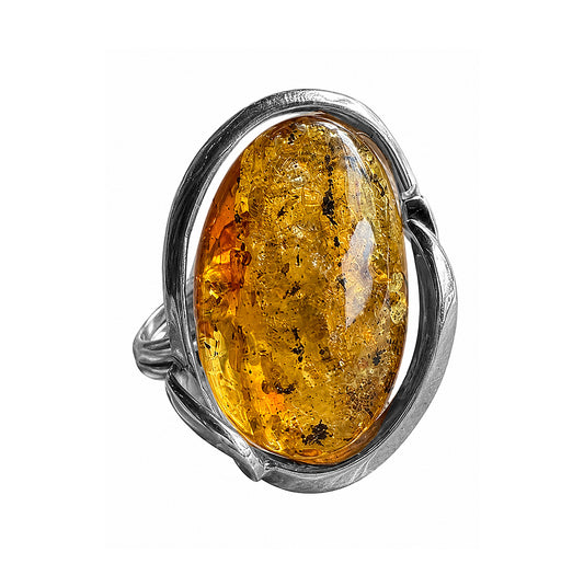 Bernsteinring Unikat 925 Sterling Silber Oval Geschwungene Silberfassung Größenverstellbare Ringschiene