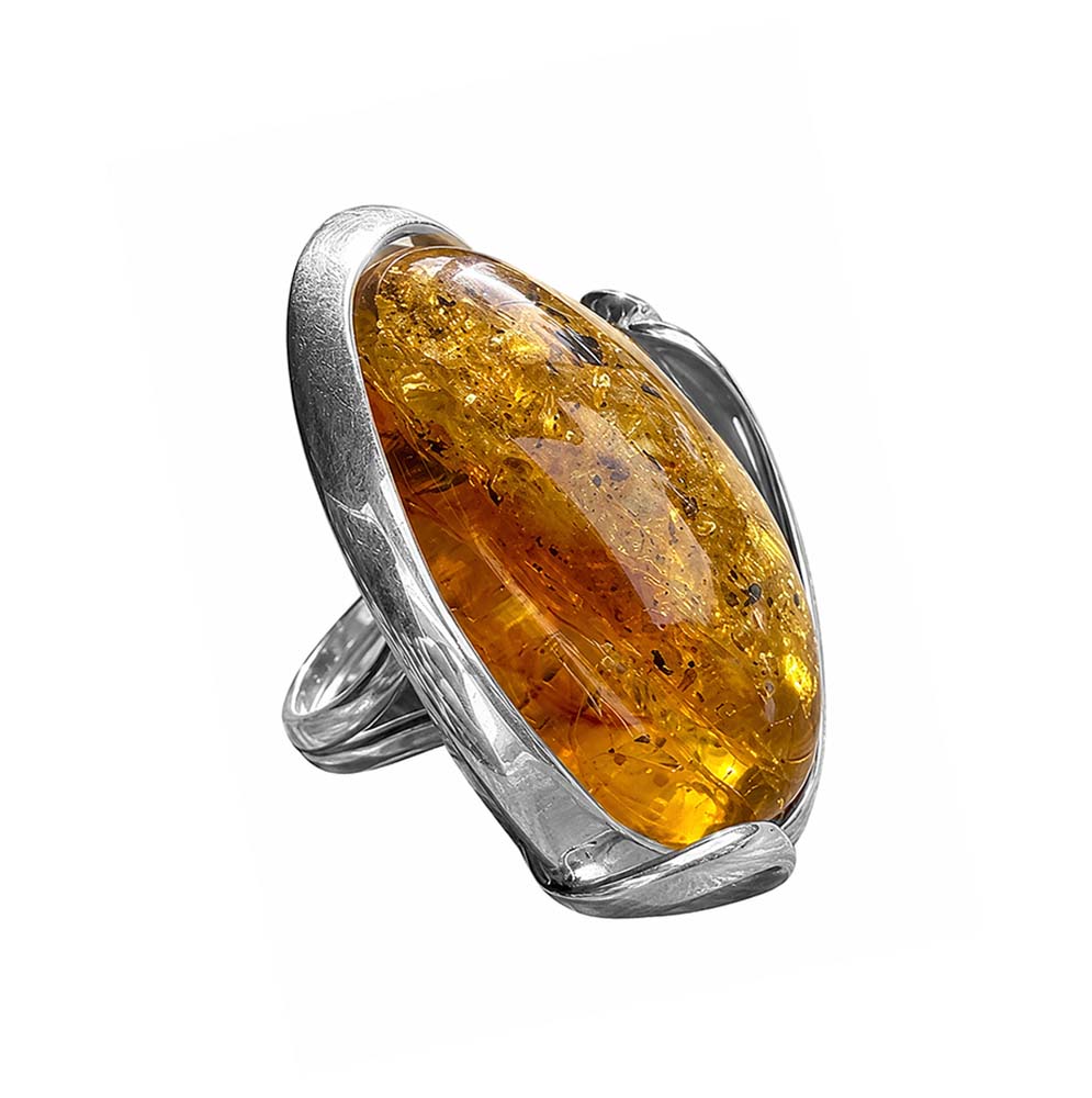 Bernsteinring Unikat 925 Silber Oval Geschwungene Silberfassung Größenverstellbare Ringschiene Seitenansicht