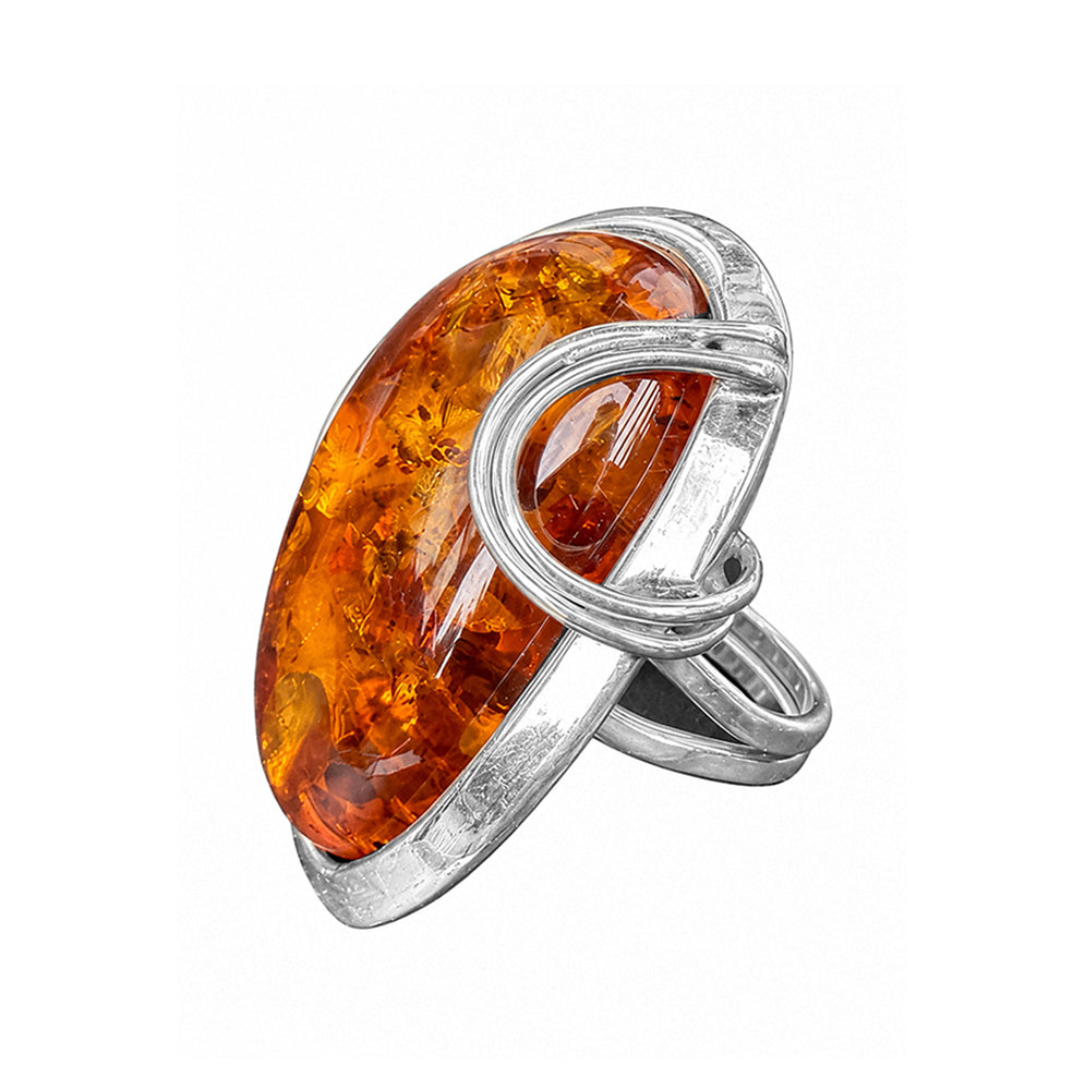 Bernsteinring Unikat 925 Sterling Silber Oval Cognac Geschwungene Silberfassung Größenverstellbare Ringschiene Seitenansicht