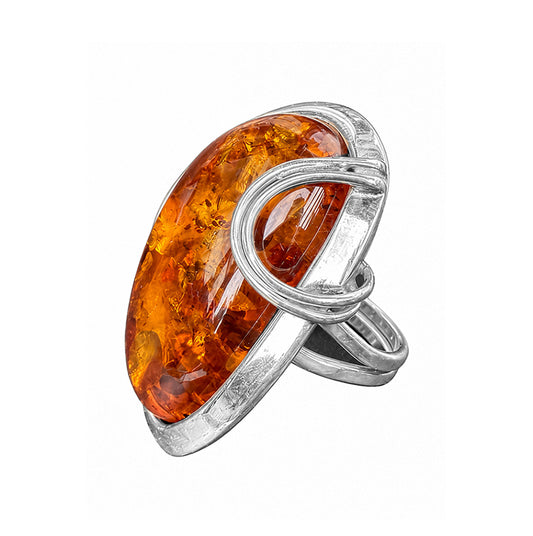 Bernsteinring Unikat 925 Sterling Silber Oval Cognac Geschwungene Silberfassung Größenverstellbare Ringschiene Seitenansicht