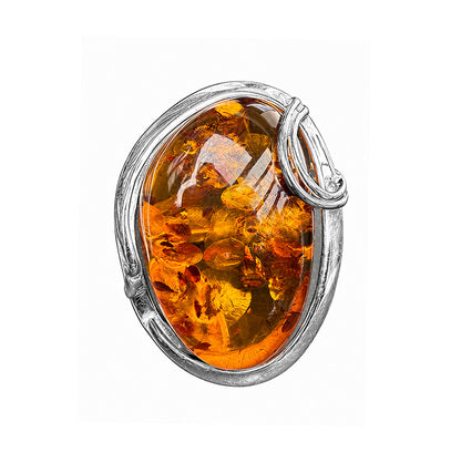 Bernsteinring Unikat 925 Sterling Silber Oval Cognac Geschwungene Silberfassung Größenverstellbare Ringschiene