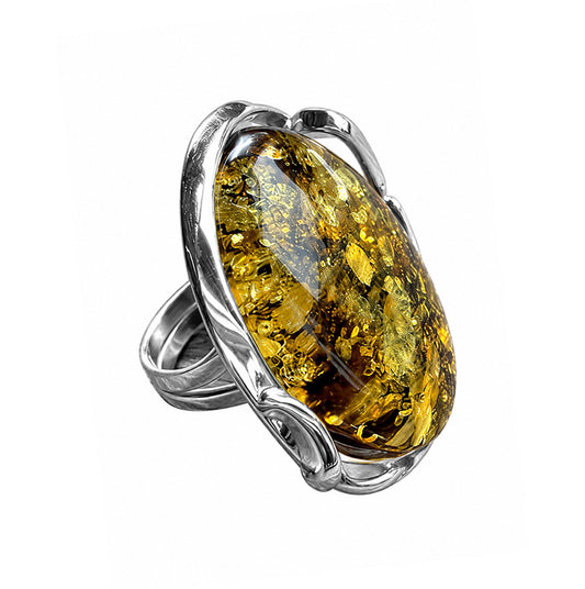Bernsteinring Unikat 925 Sterling Silber Oval Grün Gold Großer Bernstein Geschwungene Silberfassung Größenverstellbar Seitenansicht