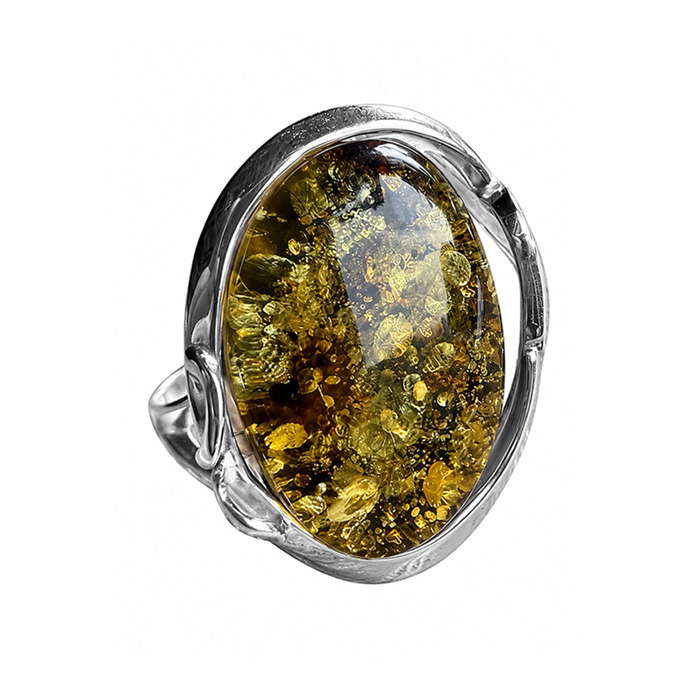 Bernsteinring Unikat 925 Sterling Silber Oval Grün Gold Großer Bernstein Geschwungene Silberfassung Größenverstellbar