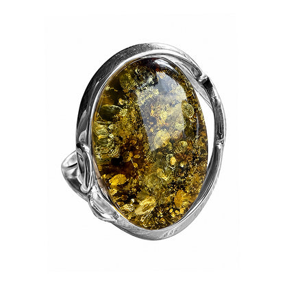 Bernsteinring Unikat 925 Sterling Silber Oval Grün Gold Großer Bernstein Geschwungene Silberfassung Größenverstellbar