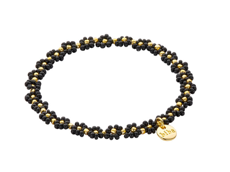 Biba Armband Miyuki Perlenblüten Schwarz Vergoldet Dehnbar