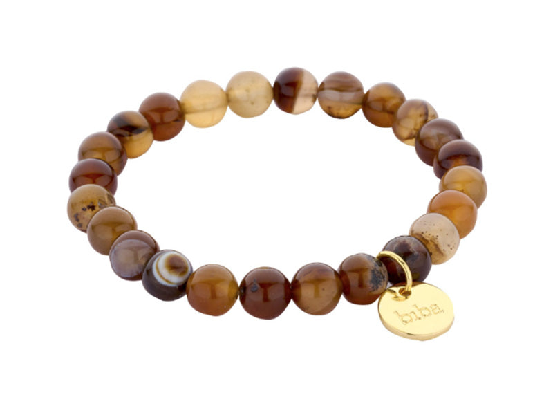 Biba Armband Naturstein-Perlen Braun Achat 8 mm Vergoldet Dehnbar
