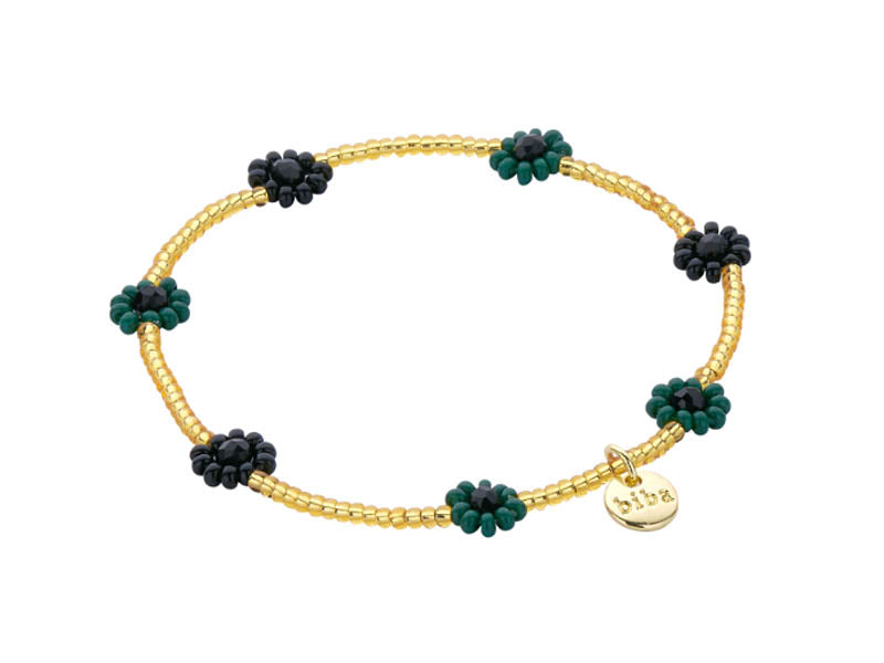 Biba Armband Perlenblüten Schwarz Petrol Vergoldet Stacking-Look