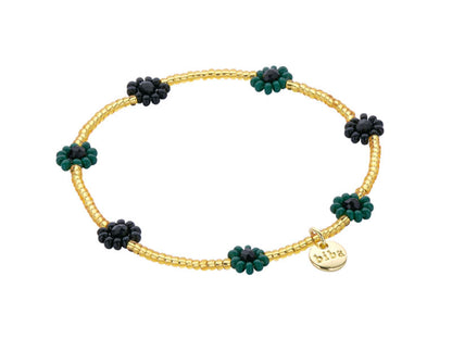 Biba Armband Perlenblüten Schwarz Petrol Vergoldet Stacking-Look