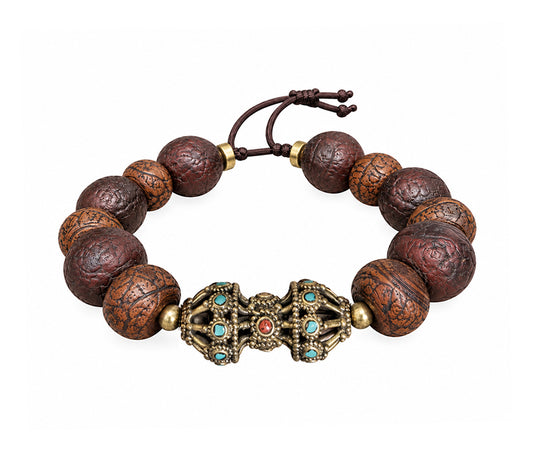 Boho-Armband Unikat Bodhi-Samenperlen Braun Antikgoldfarbenes Ethno-Zierelement Türkis Koralle Zugverschluss Bohemian-Style