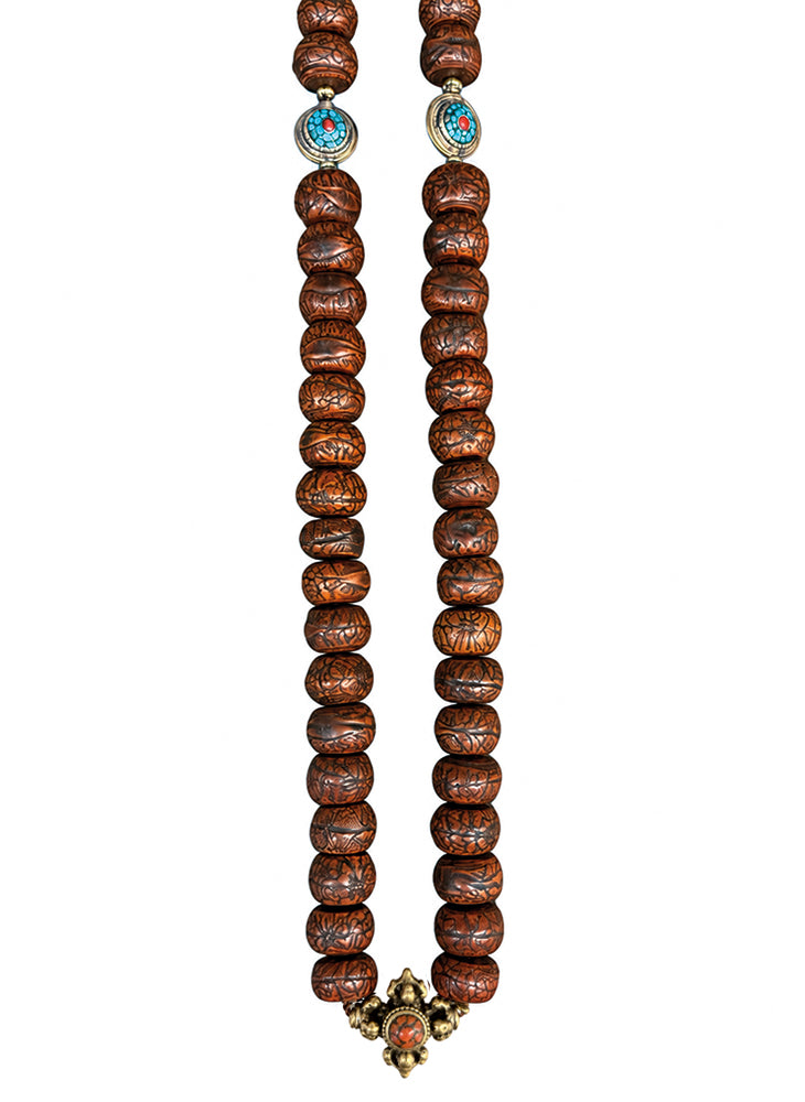Boho-Kette Unikat Bodhi-Samenperlen Antikgoldfarbene Ethno-Zierelemente Kreuzanhänger Koralle Bohemian-Style
