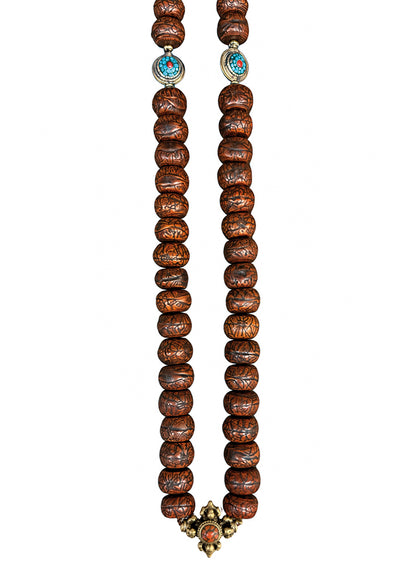 Boho-Kette Unikat Bodhi-Samenperlen Antikgoldfarbene Ethno-Zierelemente Kreuzanhänger Koralle Bohemian-Style