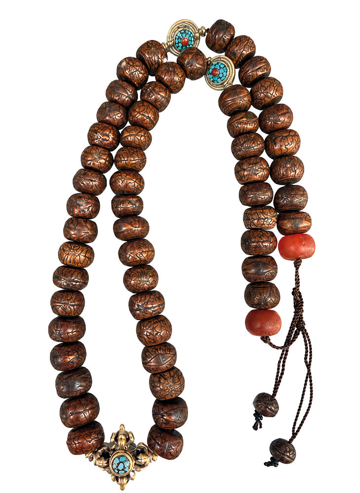 Boho-Kette Unikat Bodhi-Samenperlen Antikgoldfarbene Ethno-Zierelemente Kreuzanhänger Türkis Carneol Bohemian-Style