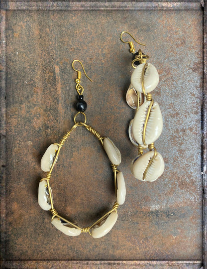 Boho Muschel-Ohrringe Spiralmuschelperlen Onyx Vergoldet 11 cm Lang