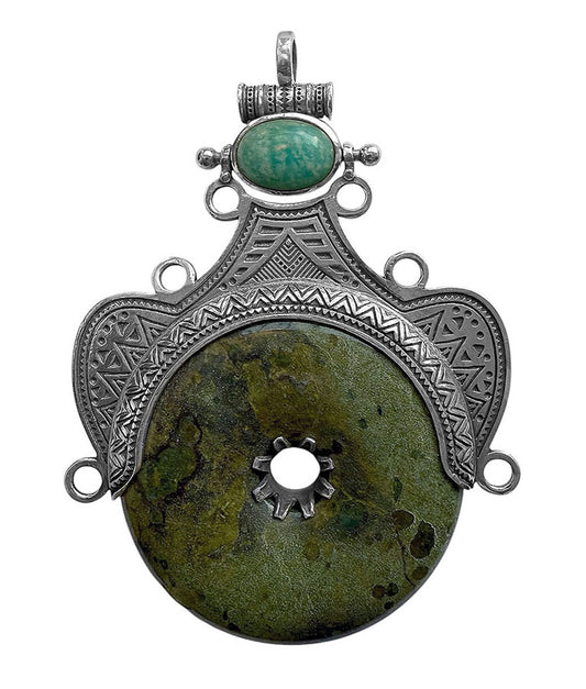 Boho Steinanhänger Serpentin Amazonit XL Groß 925 Sterling Silber Unikat