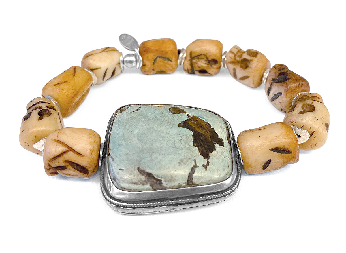 Skull-Armband Bone Türkisstein 925 Sterling Silber Dehnbar Unikat