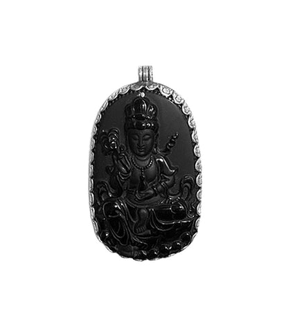 Anhänger Ethno Göttin Kwan Yin Onyx Geschnitzt Sterling Silber Unikat