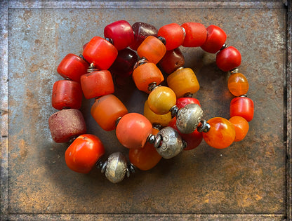 Ethno Armbänder Bakelit Koralle Rot Orange Sterling Silber Dehnbar Unikat