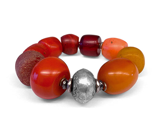 Ethno Armband Bakelit Koralle Rot Orange Sterling Silber Dehnbar Unikat