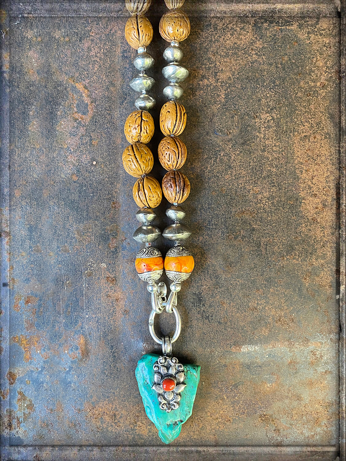 Ethno Boho Kette Nussperlen Anhänger Arizona Türkis Sterling Silber Unikat
