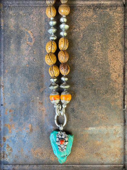 Ethno Boho Kette Nussperlen Anhänger Arizona Türkis Sterling Silber Unikat