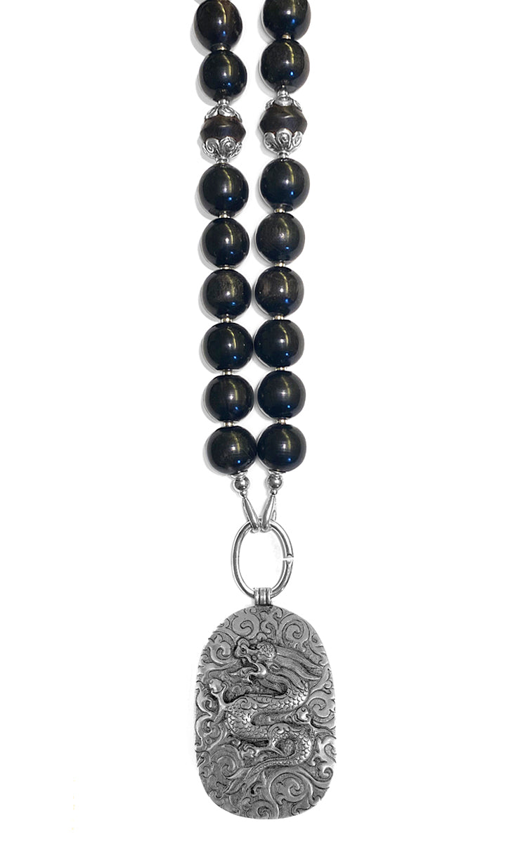 Kette Ethno Horn Holzperlen Kwan Yin Drachen-Anhänger Onyx Sterling Silber Unikat Rückseite