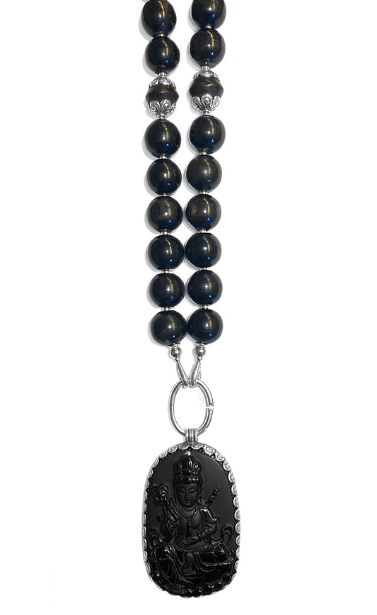 Kette Ethno Horn Holzperlen Kwan Yin Drachen-Anhänger Onyx Sterling Silber Unikat