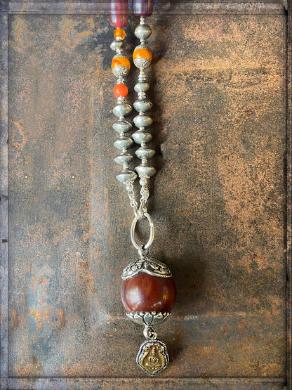 Ethno Kette Statement Bakelit Sterling Silber Anhänger Hornkugel Buddha Unikat