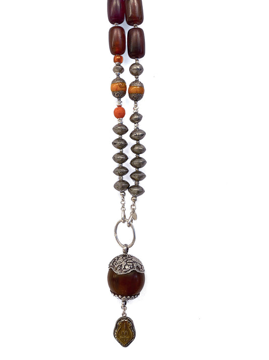Ethno Kette Statement Bakelit Sterling Silber Anhänger Hornkugel Buddha