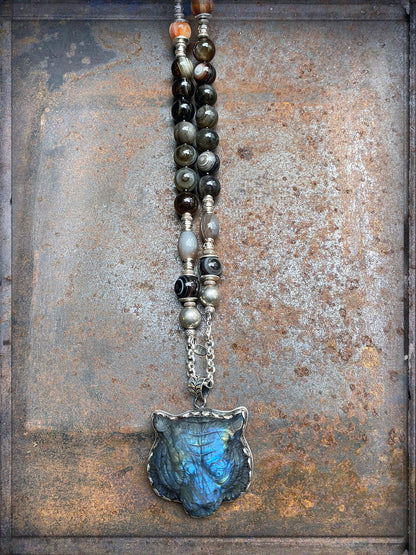 Achat-Kette Boho 95 cm Lang Tigerkopf-Anhänger Labradorit Sterling Silber Unikat Schmuck Reichenberger