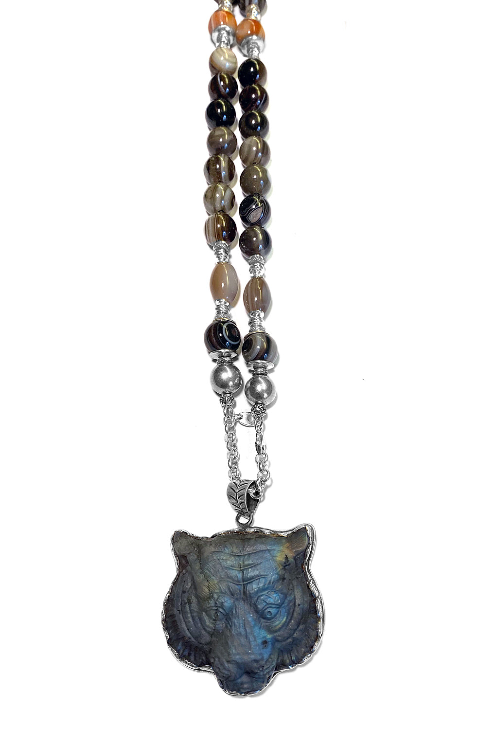 Achat-Kette Boho 95 cm Lang Tigerkopf-Anhänger Labradorit Sterling Silber Unikat