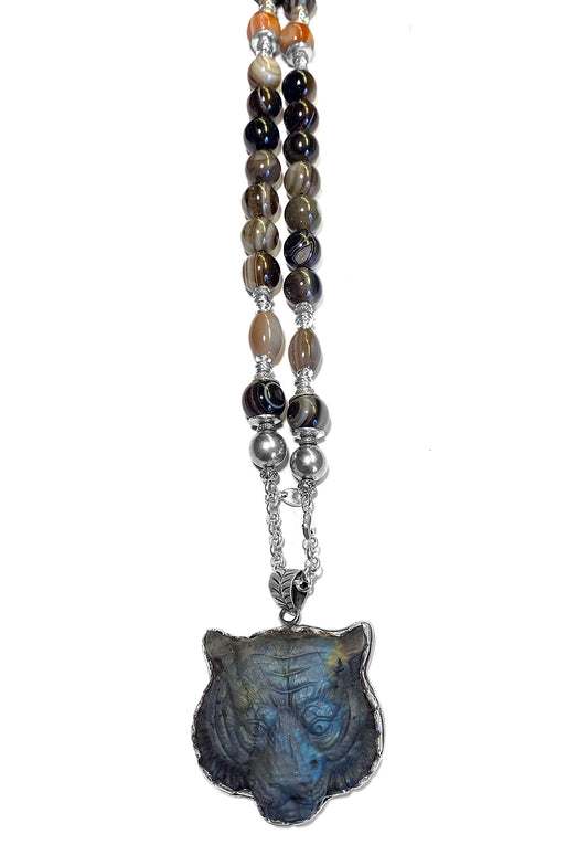 Achat-Kette Boho 95 cm Lang Tigerkopf-Anhänger Labradorit Sterling Silber Unikat