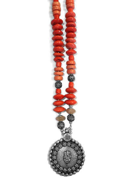Kette Bambuskoralle Coral Ganesha-Anhänger Silber Unikat 100 cm Lang