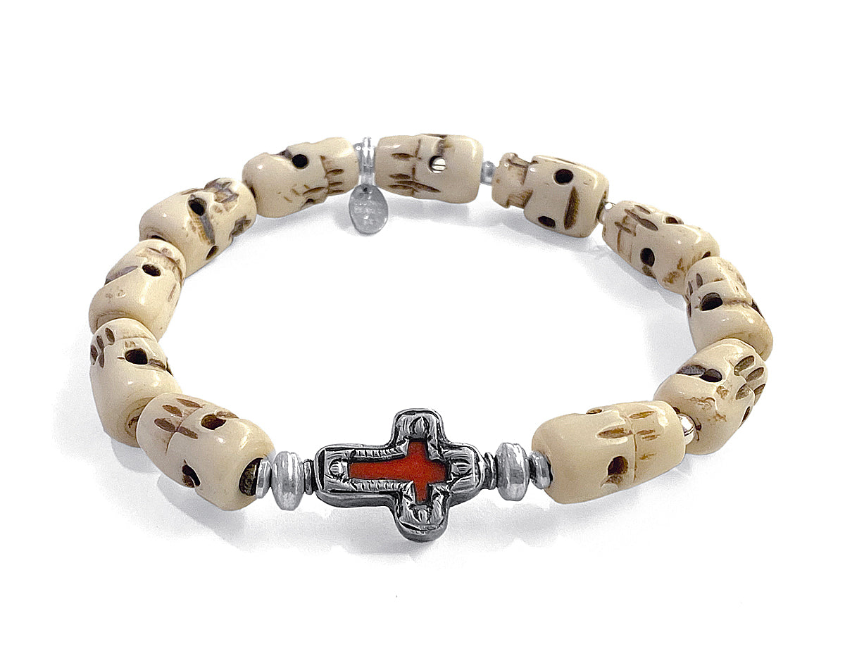 Ethno Armband Bone-Perlen Skull-Motive Kreuz Howlith Rot 925 Sterling Silber Dehnbar Unisex Unikat
