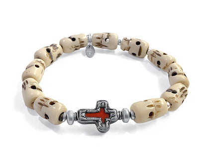 Ethno Armband Bone-Perlen Skull-Motive Kreuz Howlith Rot 925 Sterling Silber Dehnbar Unisex Unikat